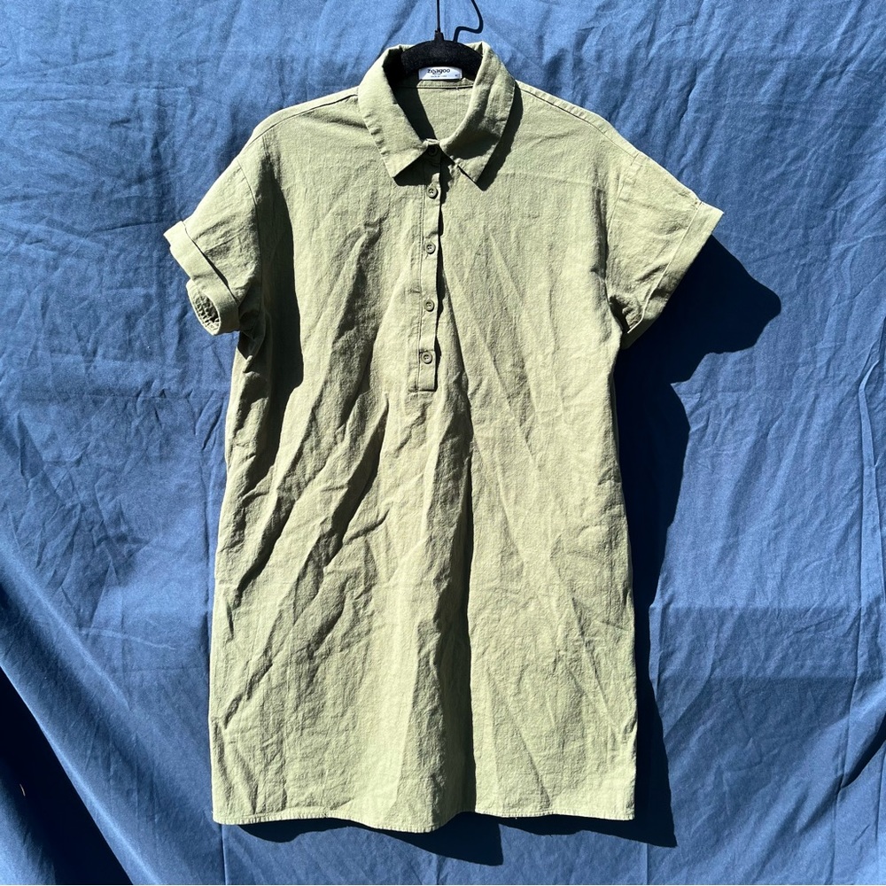 100% Cotton Zeagoo Medium Olive Short-Sleeve Collared Short Dress natural fibers